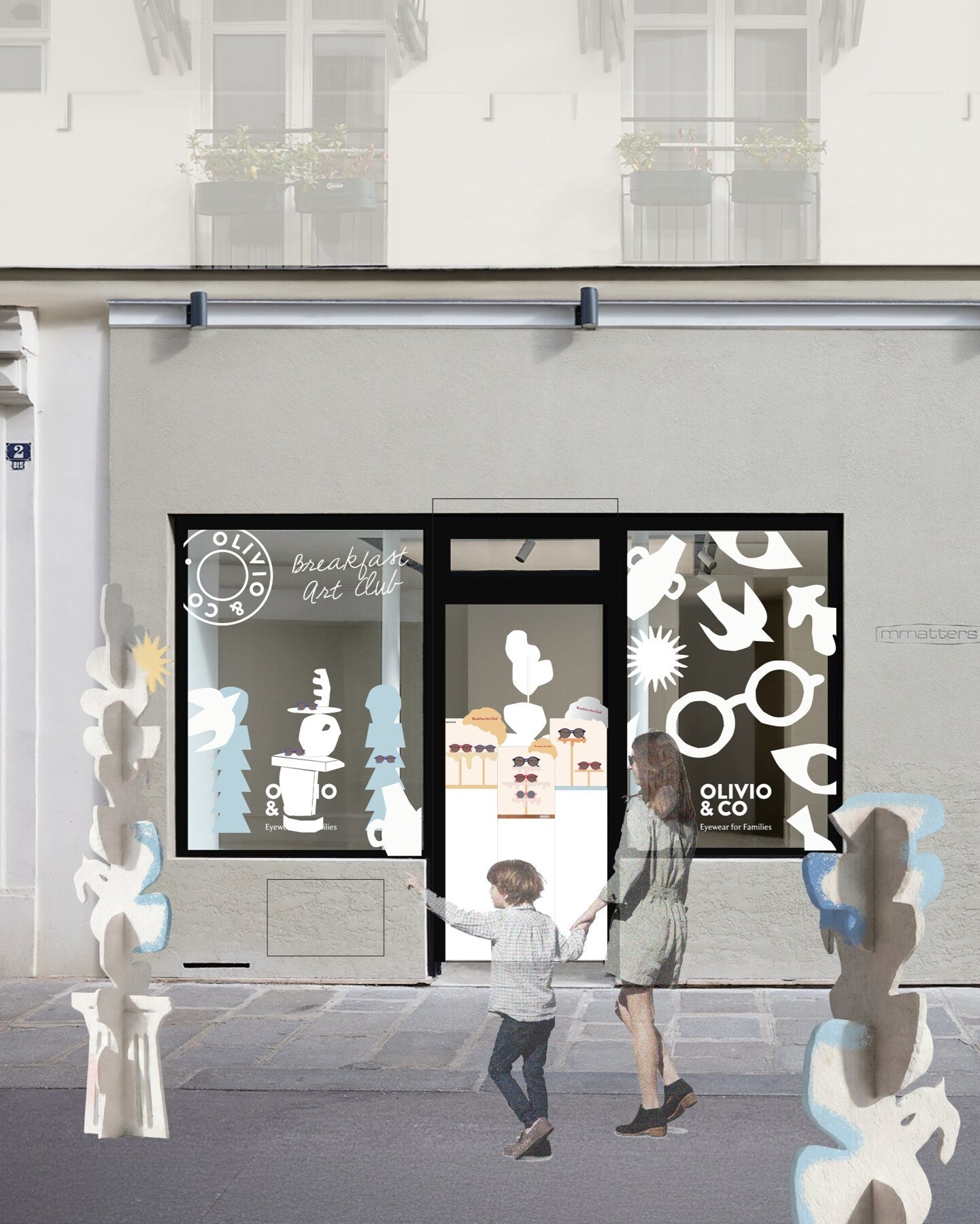 Render of the OLIVIO and Co Paris pop-up storefront on rue de Commines, with sculptural plaster totems by Dilara Kan Hon outside and white cut-out motifs on the windows