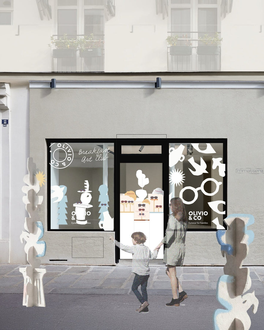Render of the OLIVIO and Co Paris pop-up storefront on rue de Commines, with sculptural plaster totems by Dilara Kan Hon outside and white cut-out motifs on the windows